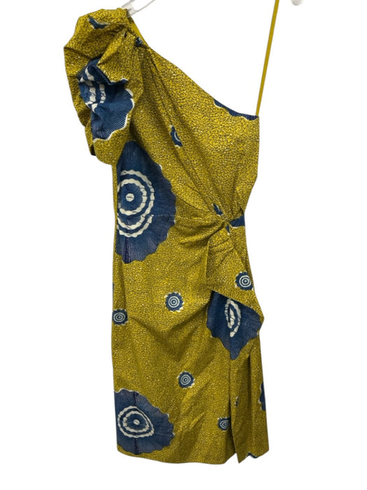 Ulla Johnson Size 2 Yellow & Blue Cotton Abstract One Shoulder Midi Dress Yellow & Blue / 2