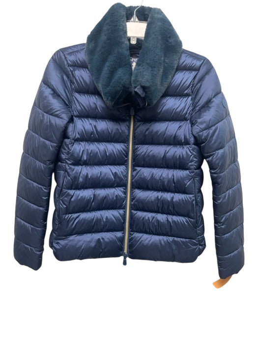 Save The Duck Size 1/S Navy Nylon Puffer Ziper & Buttons Faux Fur Collar Jacket Navy / 1/S