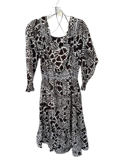Adam Lippes Size 4 Brown & White Cotton Off Shoulder Animal Print Rouched Dress Brown & White / 4