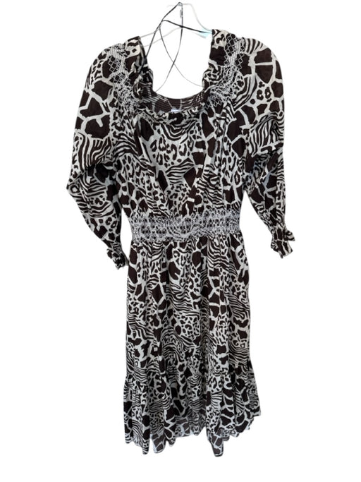 Adam Lippes Size 4 Brown & White Cotton Off Shoulder Animal Print Rouched Dress Brown & White / 4