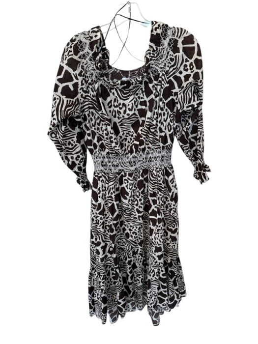 Adam Lippes Size 4 Brown & White Cotton Off Shoulder Animal Print Rouched Dress Brown & White / 4