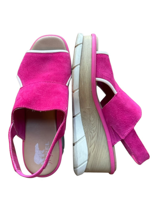 Sorel Shoe Size 9 Hot Pink & White Suede Wood Heel Back Strap Open Toe Wedges Hot Pink & White / 9