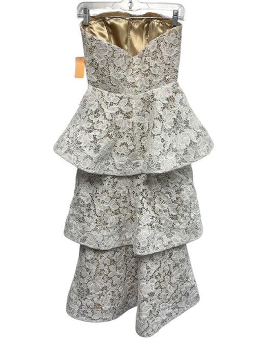 Mac Duggal Size 2 white & tan Polyester Lace Overlay Strapless Tiered Midi Dress white & tan / 2