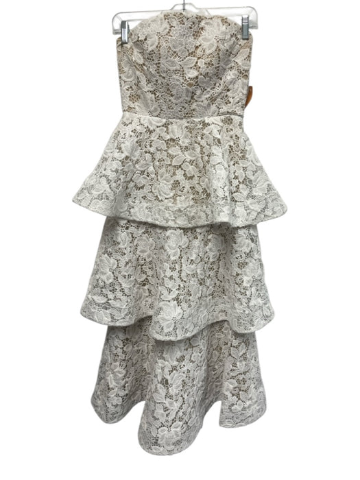Mac Duggal Size 2 white & tan Polyester Lace Overlay Strapless Tiered Midi Dress white & tan / 2