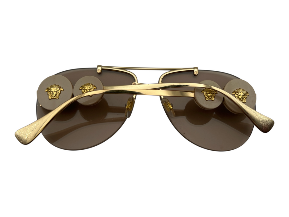 Versace Goldtone Metal Rimless Aviator Nose Guard Medusa Head Sunglasses goldtone
