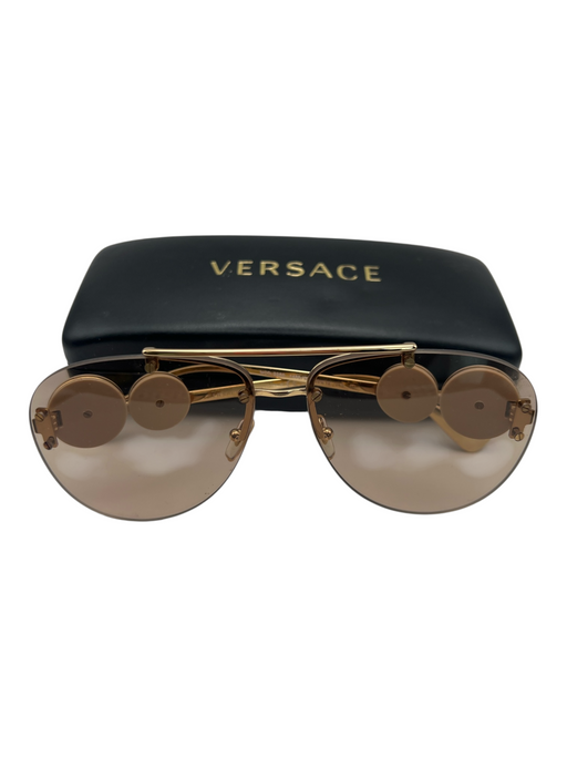 Versace Goldtone Metal Rimless Aviator Nose Guard Medusa Head Sunglasses goldtone