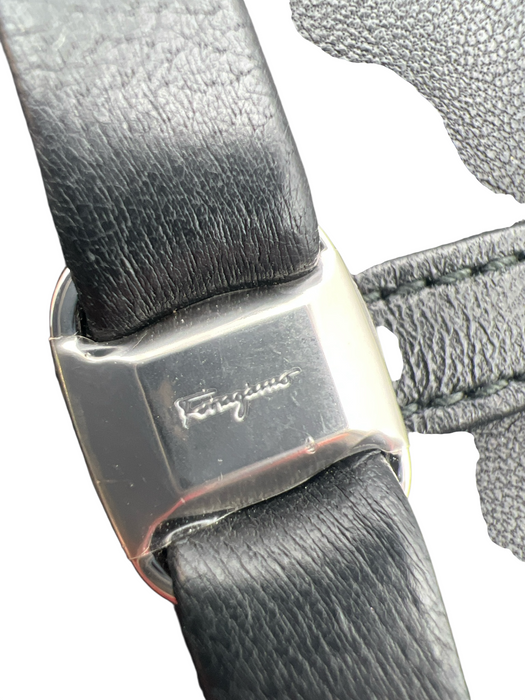 Ferragamo Black Leather Silver Hardware Magnetic Close Square Wallets Black