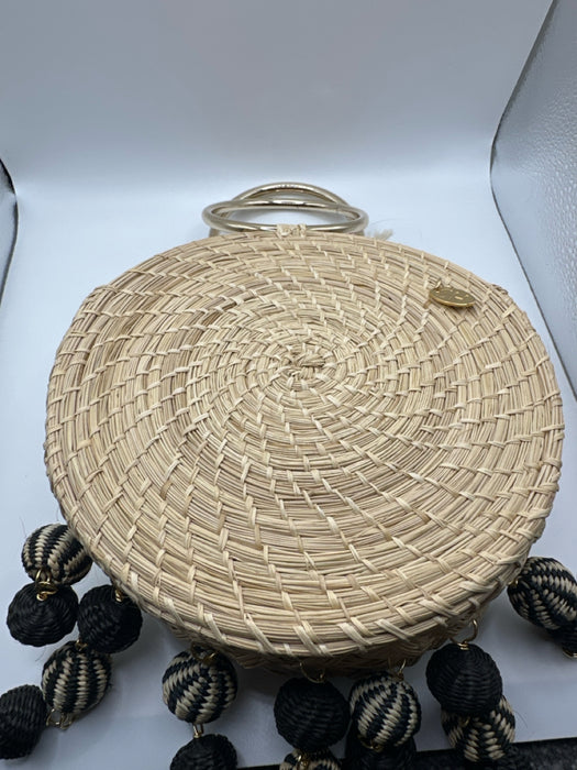 Soraya Hennessy Tan & black Straw Round Handles Circle Pom Pom Bag