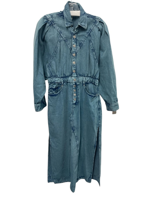 Free People Size S Light Wash Cotton Denim Long Sleeve Snap Up Collar Maxi Dress Light Wash / S