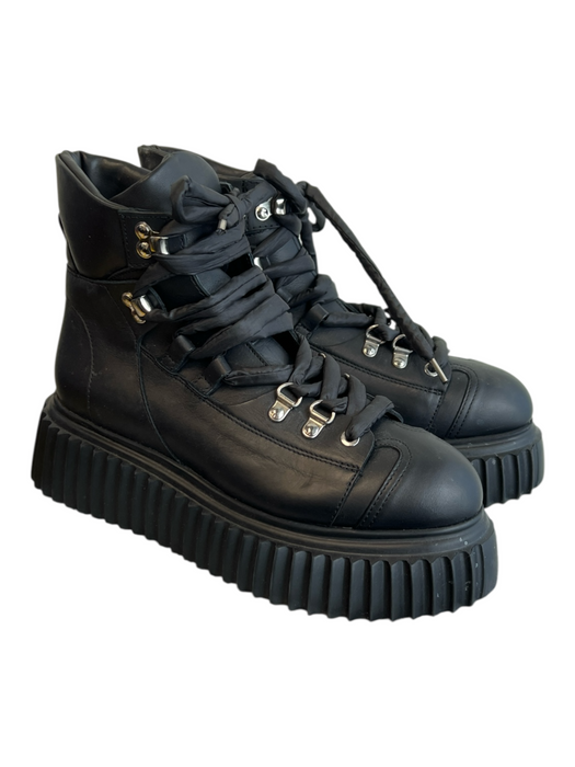 AGL Shoe Size 37 Black Leather Almond Toe Lace Up Platform Boots Black / 37