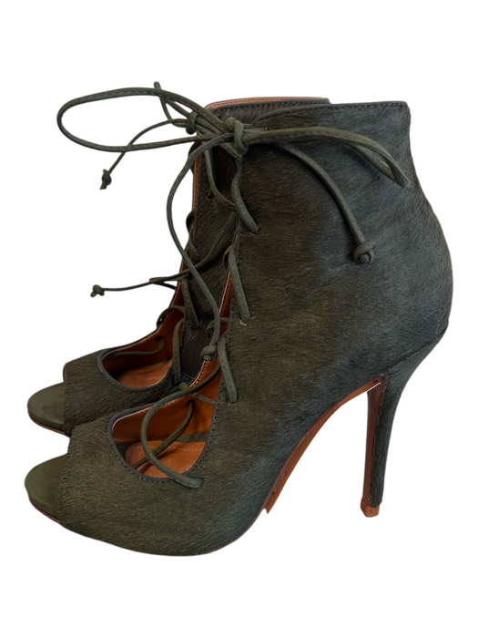 Schutz Shoe Size 6 Green Leather Fur Peep Toe lace up & zip High Heel Booties Green / 6
