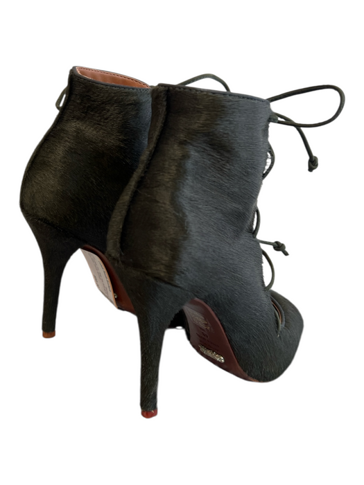 Schutz Shoe Size 6 Green Leather Fur Peep Toe lace up & zip High Heel Booties Green / 6