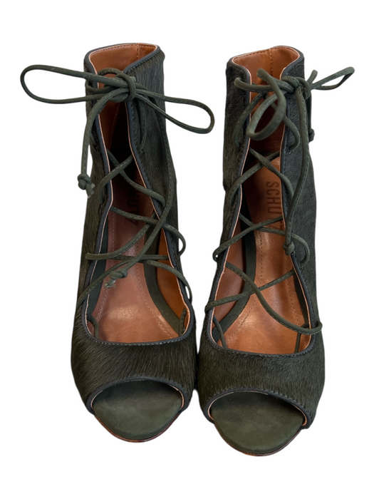 Schutz Shoe Size 6 Green Leather Fur Peep Toe lace up & zip High Heel Booties Green / 6