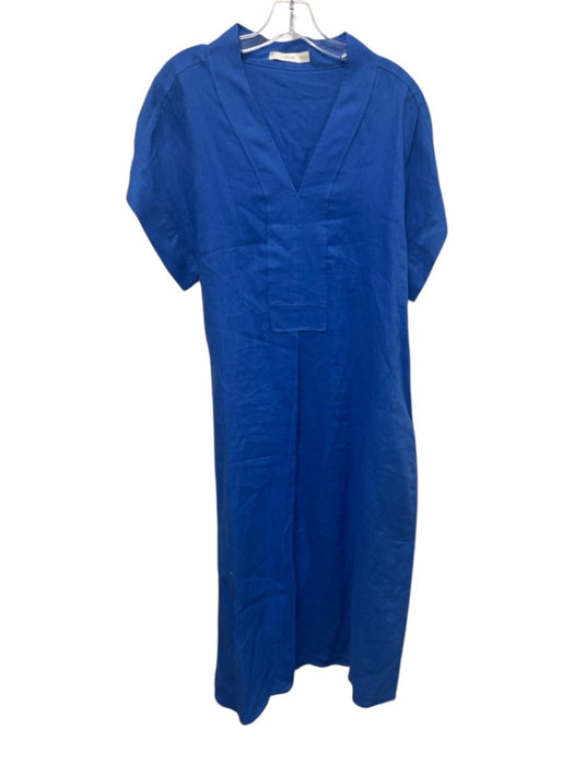 MNG by Mango Size M/L Blue Linen Blend Short Sleeve Split Neck Maxi Dress Blue / M/L