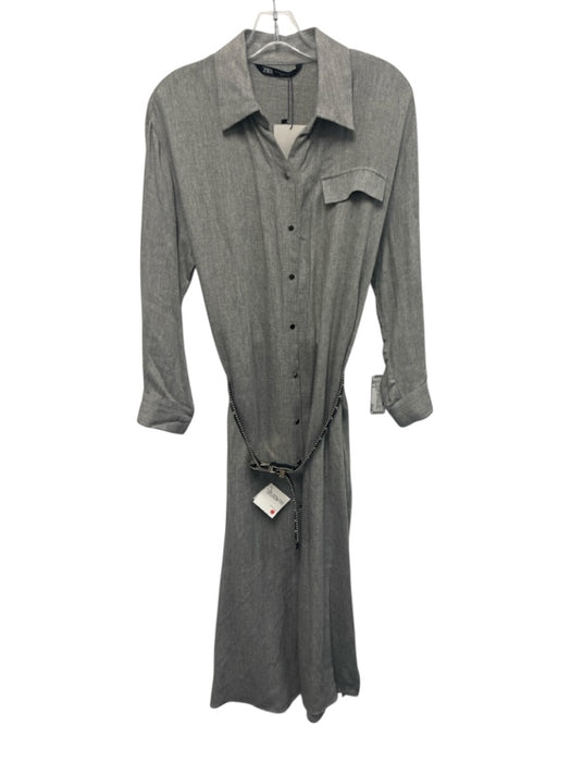 Zara Size M Gray Viscose & Acrylic Button Front Maxi Collar Long Sleeve Dress Gray / M