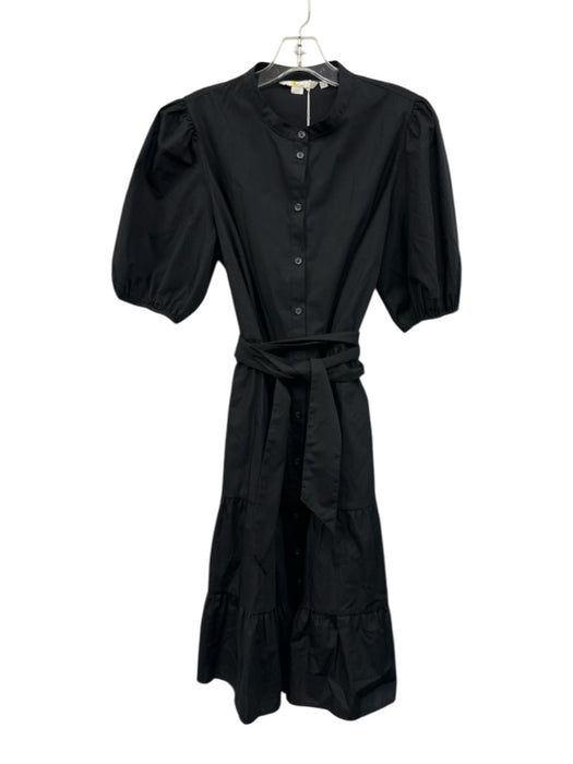 Boden Size 12L Black Cotton Button Front Short Puff Sleeve Below Knee Dress Black / 12L