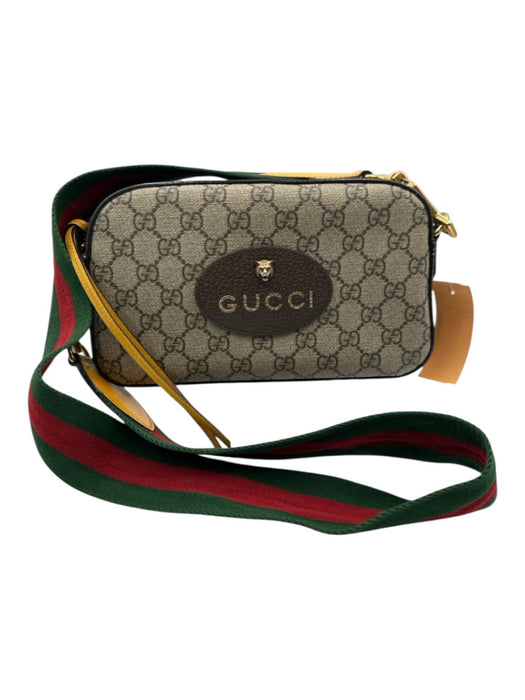 Gucci Brown & Multi Leather Canvas Guccissima Crossbody Strap Zip Close Bag Brown & Multi / M