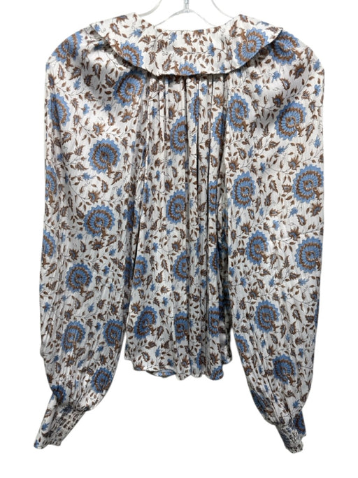 By Anthropologie Size XXS White, Blue & Brown Polyester Floral Button Front Top White, Blue & Brown / XXS