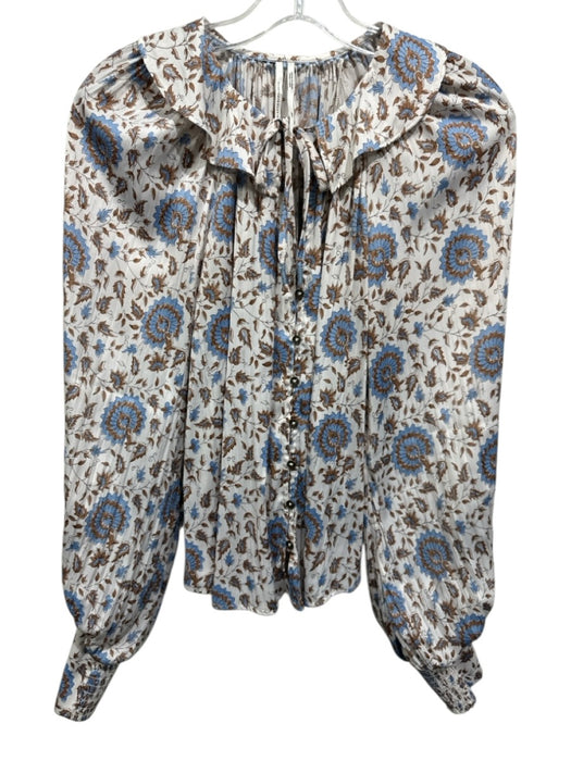 By Anthropologie Size XXS White, Blue & Brown Polyester Floral Button Front Top White, Blue & Brown / XXS
