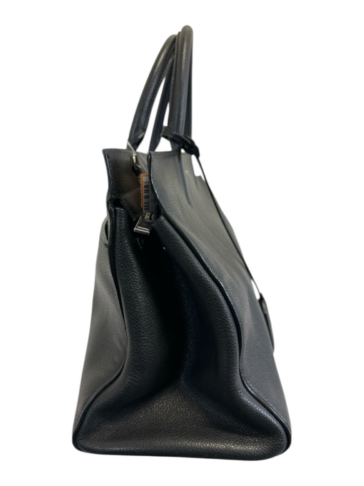 Saint Laurent Black Pebbled Leather Hand Strap Zip Close Studs Bag Black / M