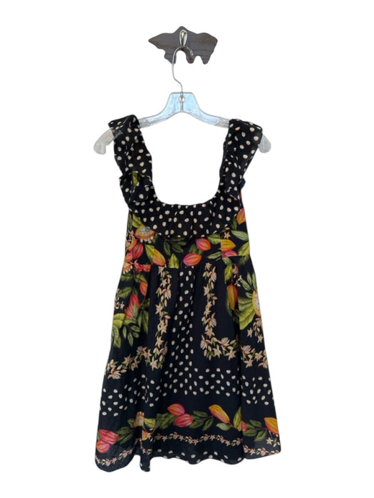 Farm Rio Size S Black, Orange, Green Cotton Fruit Polka Dot Ruffle Neck Dress Black, Orange, Green / S