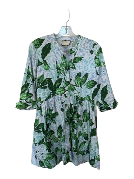 Tuckernuck Size S Green & Baby Blue Cotton & Spandex Floral Button Up Mini Dress Green & Baby Blue / S