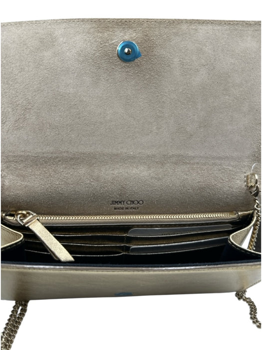 Jimmy Choo Gold Coated Leather Magnetic Flap Shimmer embossed logo Bag Gold