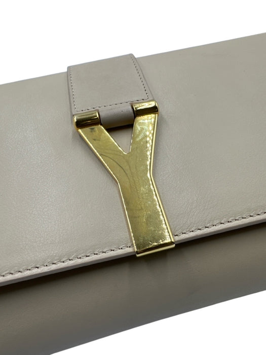 Yves Saint Laurent Beige Leather Magnetic Flap Gold Logo Clutch Bag Beige