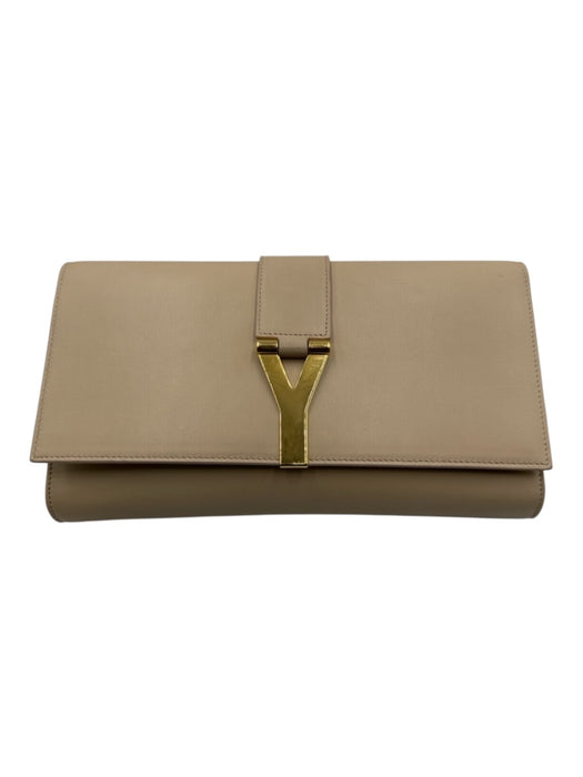 Yves Saint Laurent Beige Leather Magnetic Flap Gold Logo Clutch Bag Beige