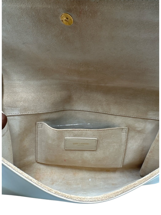 Yves Saint Laurent Beige Leather Magnetic Flap Gold Logo Clutch Bag Beige
