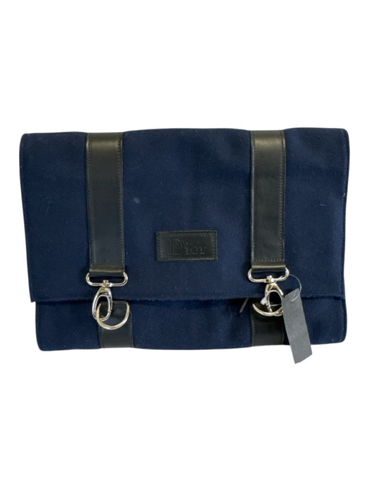 Dior Navy & Black Felt & Leather Lobster Clasp Silver Hardware Tri-Fold Bag Navy & Black