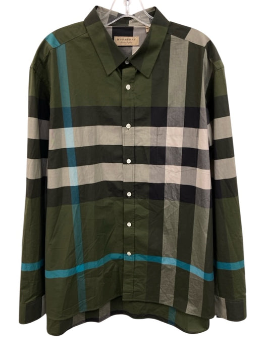Burberry Size xxxl Green & Multi Cotton Plaid Button Down Long Sleeve Shirt Green & Multi / xxxl