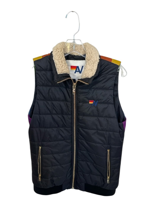 Aviator Nation Size S Black & Multi Nylon Puffer Rainbow Faux Fur Collar Vest Black & Multi / S