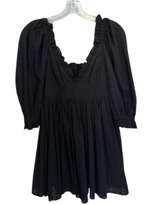Selkie Size XS Black Cotton 3/4 Balloon Sleeve Eyelet Ruffles V Neck Dress Black / XS