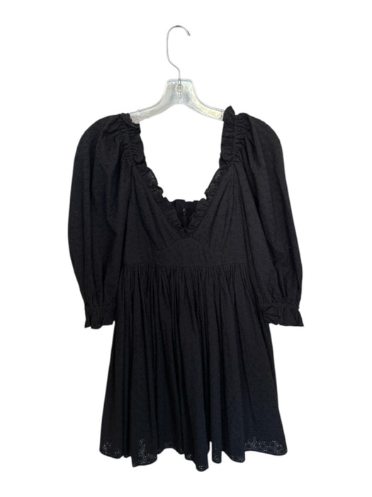 Selkie Size XS Black Cotton 3/4 Balloon Sleeve Eyelet Ruffles V Neck Dress Black / XS