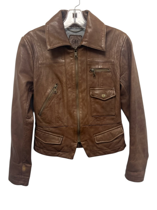 Banana Republic Size S Brown Leather Zip Up Flap Pockets Long Sleeve Jacket Brown / S