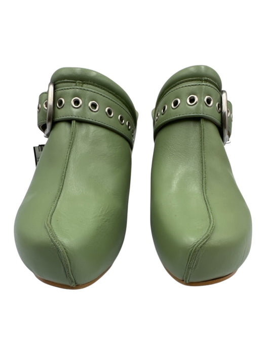 John Fluevog Shoe Size 10 Green Leather Mules Belt Detail Chunky Heel Shoes Green / 10