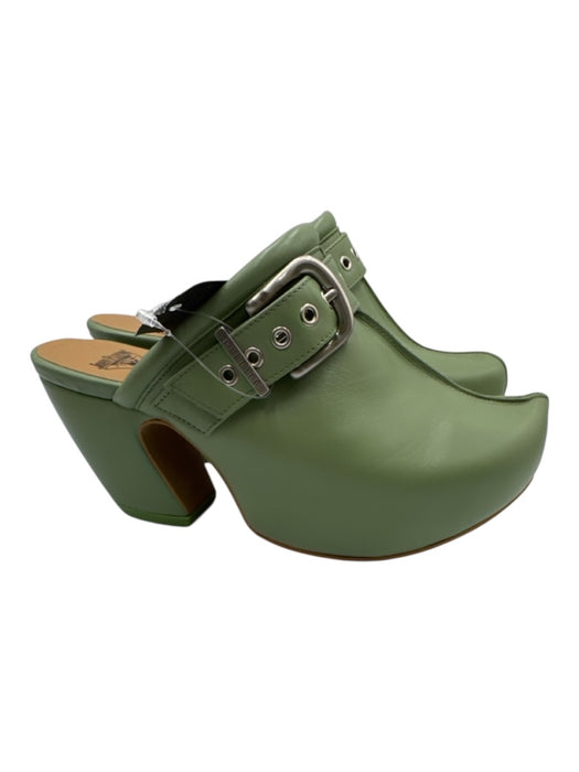 John Fluevog Shoe Size 10 Green Leather Mules Belt Detail Chunky Heel Shoes Green / 10