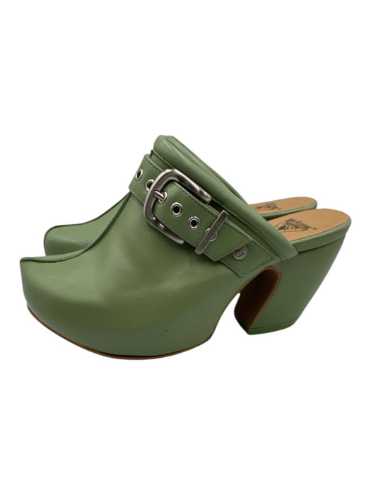 John Fluevog Shoe Size 10 Green Leather Mules Belt Detail Chunky Heel Shoes Green / 10