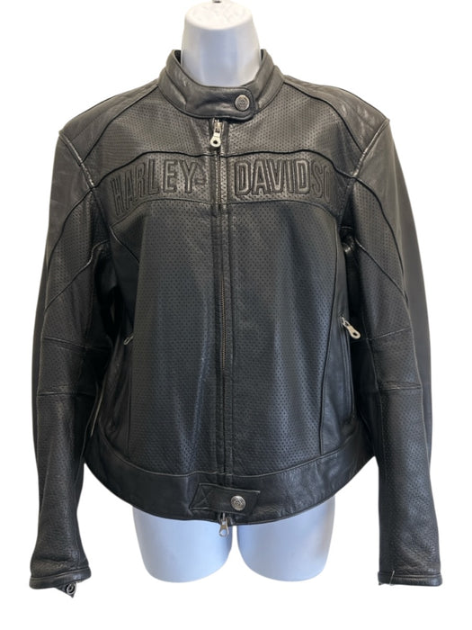 Harley Davidson Size L Black Leather Perforated Zip Front Jacket Black / L