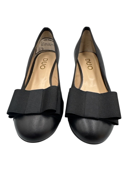 Duo Shoe Size 38 Black Leather Bow Round Toe Block Kitten Heel Pumps Black / 38