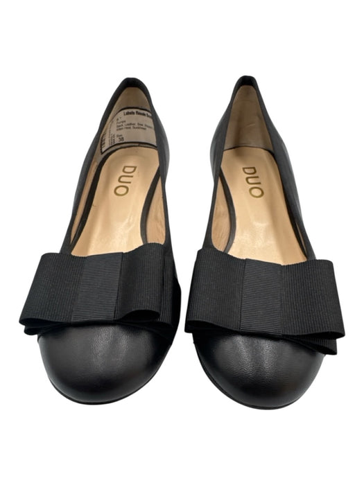 Duo Shoe Size 38 Black Leather Bow Round Toe Block Kitten Heel Pumps Black / 38