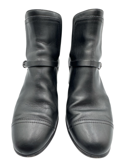 Chanel Shoe Size 39 Black Leather Buckle Logo Block Heel Ankle Booties Black / 39