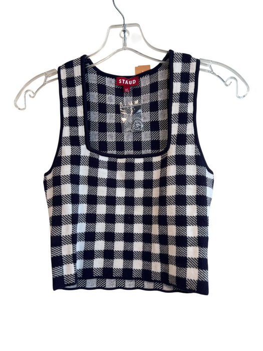 Staud Size S Navy & Cream Viscose Blend Square Neck Short Sleeve Plaid Knit Top Navy & Cream / S