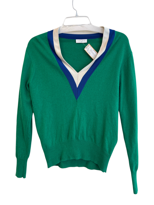 Sandro Size Est S Green Wool Blend V Neck Long Sleeve Ribbed Trim Sweater Green / Est S