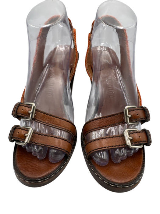 Chloe Shoe Size 38.5 Brown & Orange Leather & Fabric Wood Heel Buckle Sandals Brown & Orange / 38.5