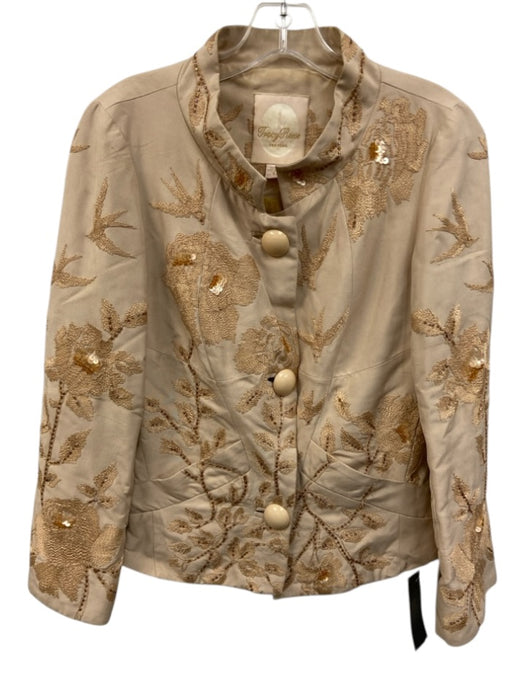 Tracey Reese Size M / 8 Tan Beige Silk Embroidered Flowers Ruffle Hem Skirt Set Tan Beige / M / 8