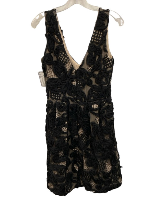 Lela Rose Size s / 4 Black & Nude Silk 3d Floral Detail Wide Straps V Neck Dress Black & Nude / s / 4