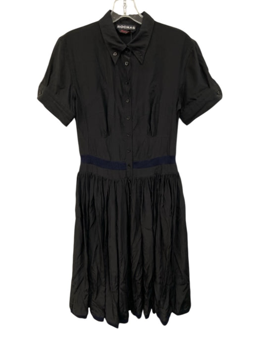 Rochas Size S / 6 Black & Navy Blue Silk Short Sleeve Collar Knit Detail Dress Black & Navy Blue / S / 6