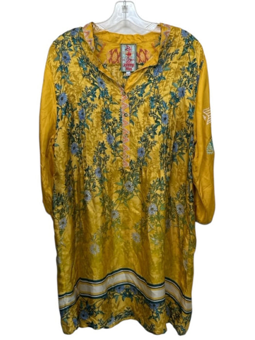 Johnny Was Size L Yellow & Blue Silk Half Button Down Floral Dress Yellow & Blue / L
